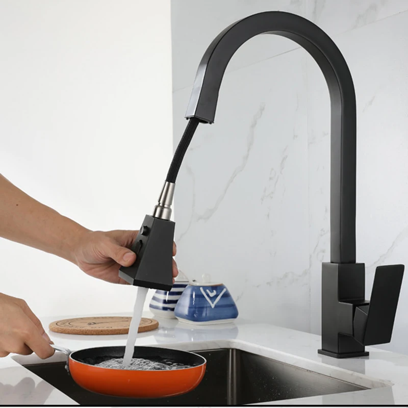 

Kitchen Faucet Blacked Single Handle Square Pull Out Kitchen Tap Single Hole 360 Rotation Brushed Nickle Faucets Water Mixer Tap