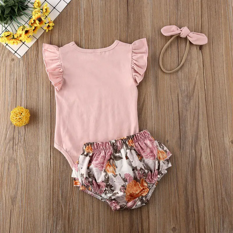 

3PCS Newborn Baby Girl Outfits Clothes Tops Romper + Floral Shorts Pants Set