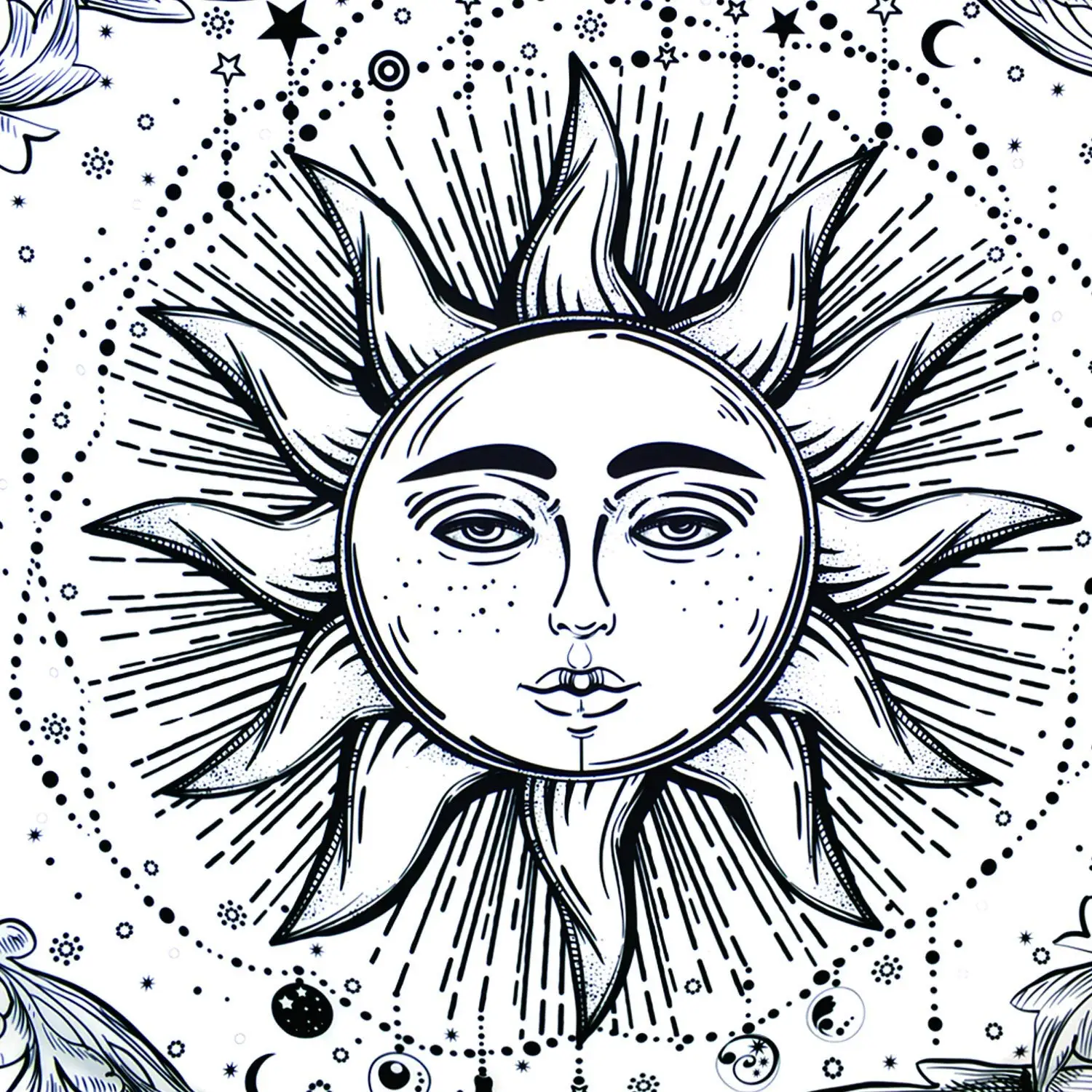 

Black and White Moon Sun with Star Uniquen Mandala Tapestry