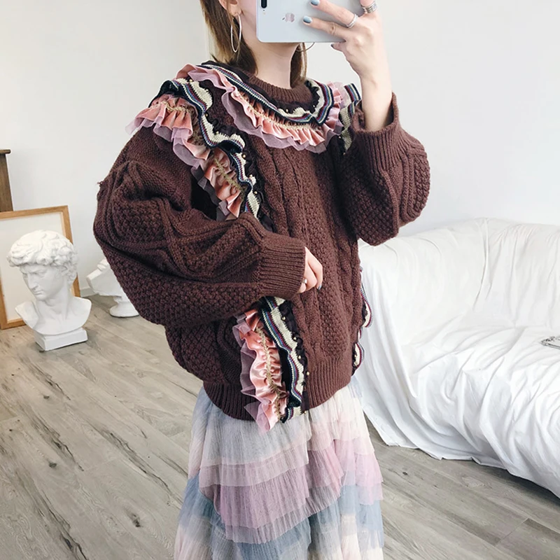 Большой размер большой бисер жемчуг зимний свитер для женщин VintageThicken шерстяной