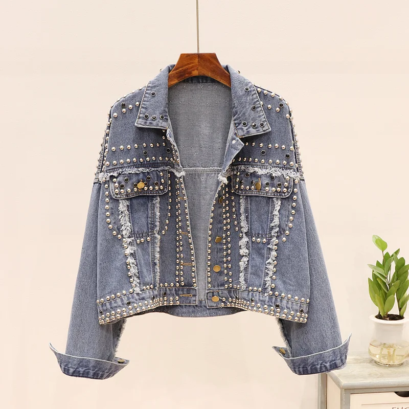 

autumn New European station heavy industry rivet with drill short denim coat women s loose and thin jacket top