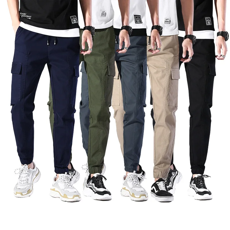 

New Men's Casual Pants Elastic Waist Solid Color Stretch Multi-pocket Trousers Free Shipping