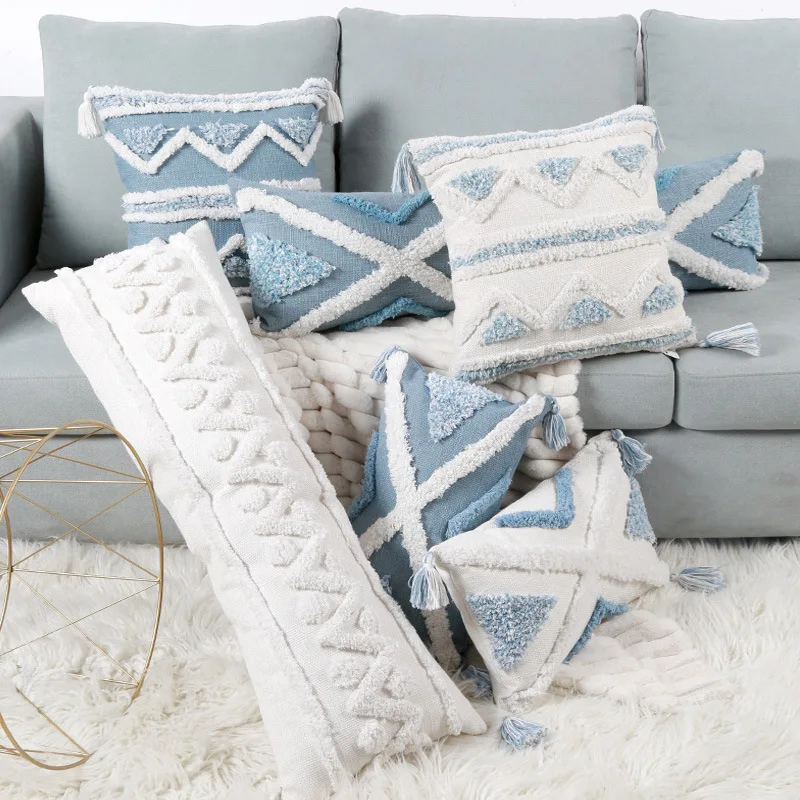 Blue Tufted Pillow Case Bohemian Style Tassel Cushion Cover Embroidery Geometric Throw Pillow Cover Living Room Sofa Home Decor