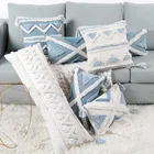 Синий стеганый чехол для подушки в богемном стиле, чехол для Подушка с кисточками с вышивкой, Геометрическая наволочка для подушки для гостиной, дивана, домашний декор