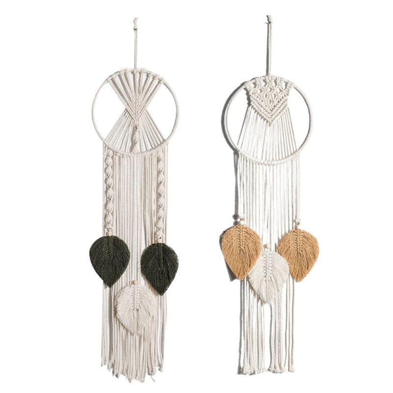 Atrapasue&ntilde;os colgante de pared de macram&eacute; de estilo n&oacute;rdico, tapiz de hojas de borlas tejido bohemio hecho a mano para decoraci&oacute;n de habitaci&oacute;n de ni&ntilde;os y boda-0