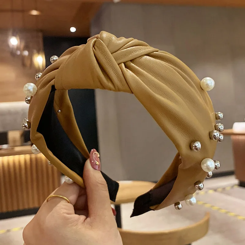 Ободок из искусственной кожи с узлом для девушек Женский ободок жемчугом