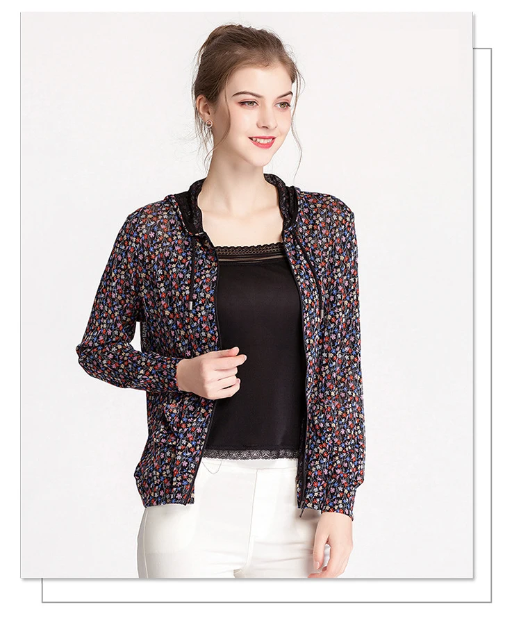 

100% Silk Women's Jackets Hooded Collar Long Sleeves Printed Knitted Floral Fashion Casual Sunbreaker Blouse Outerwear