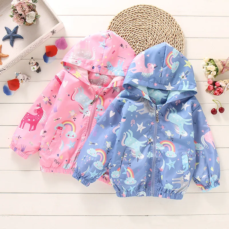 Spring Summer Kids Girls Windbreaker Unicorn Jackets Cartoon Hooded Blue Color for Child Outerwear 2-8years Old | Детская одежда и
