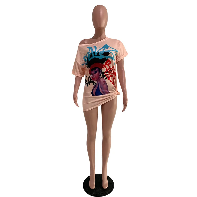 

Character Letter Print Sexy Slim Fit Shirt Women One Shoulder Short Sleeve Long Top Summer Female Club Party Bandage T-Shirt Tee