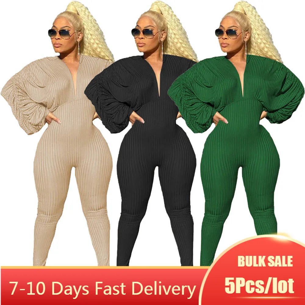

5PCS Bulk Item Wholesale Lots Fashion Womens Solid Ribbed Jumpsuits Puff Sleeve Deep V Neck Jumpsuits Stretchy One Piece Outifts