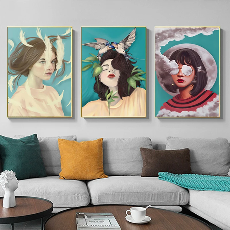 

5D DIY Poured Glue Diamond Painting Kit With AB Drill Scalloped Edge NordicComic Girl Canvas Feather Bird Modern Lady Wall Anime