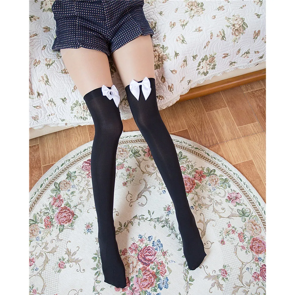Чулки с бантиком женские бархатные чулки выше колена белого и черного цвета