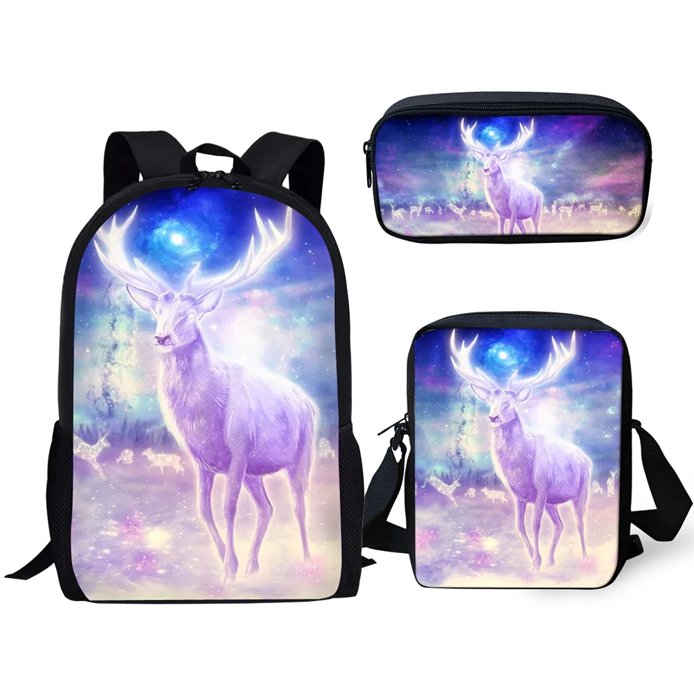 HaoYun 3PCs Set Kids School Backpack Fantasy Deer Pattern School Book Bag Cute Animal Prints Students Backpack/Flaps Bag/Pen Bag