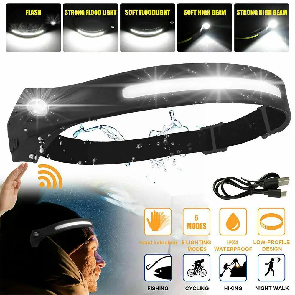 

COB Headlamp LED Head Lamp Built-in Battery Riding Flashlight Torch Light Hot Motion Rechargeable Head Head Induction USB S F2O5