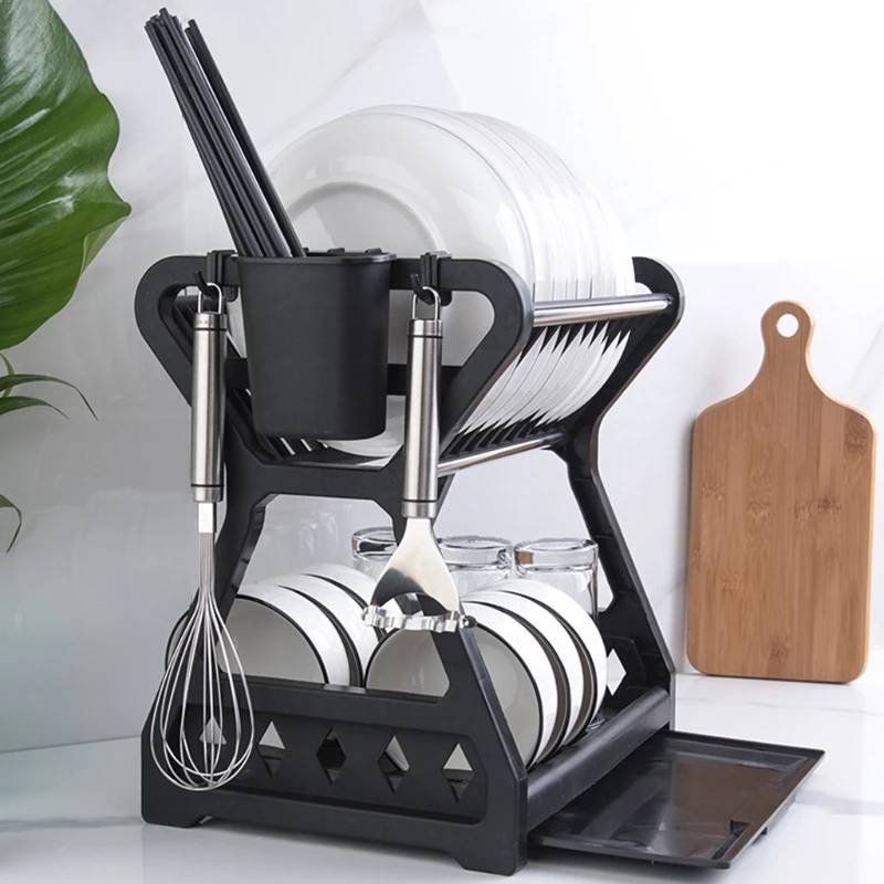 

Double-layer Kitchen Dish Bowl Draining Storage Rack Basket with Chopstick Cage