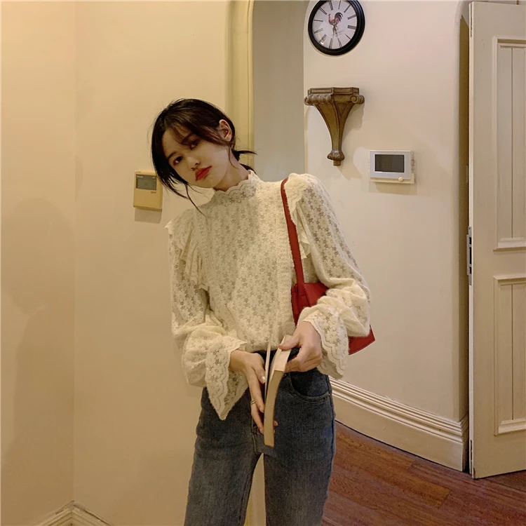 

Blusas Mujer De Moda Spring Autumn Lace Ruffles Hollow Out Shirts Fashion Brand Blouses Women's Clothing Tops Flare Sleeve New