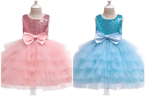 

Toddler Girls Party Dresses Bow Prom Ball Gowns For Wedding Blue Sequin Princess Baby Birthday Children's Clothing 1-2Year