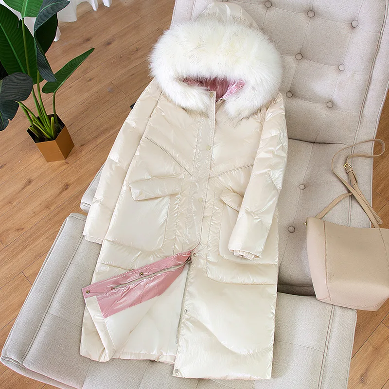 Длинный Зимний пуховик для женщин большой меховой воротник пальто корейский