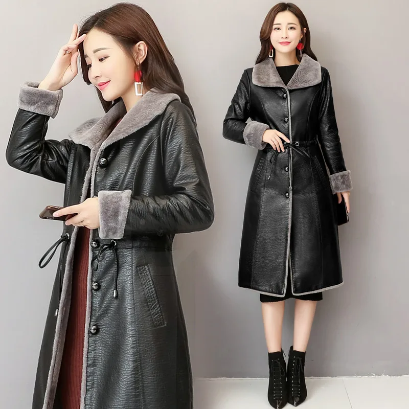 

Зимняя куртка 2020 Женская Осенняя размера плюс 4XL длинный кожаный Тренч Женская теплая мягкая тонкая верхняя одежда из меха ягненка