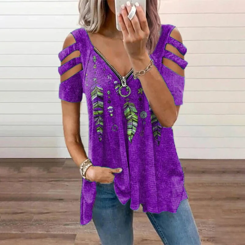 

Summer New Sexy T-shirt Women's Printed V-neck Zipper Strapless Short-sleeved T-shirt Plus Size Casual Loose T-shirt