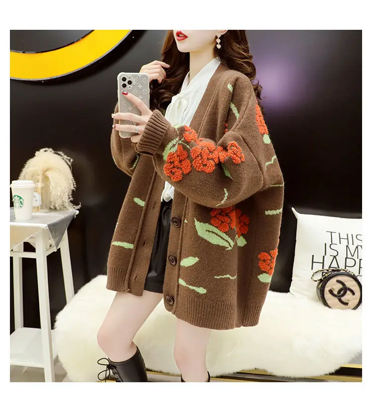 

Knitted 2021 V Neck Women Button Black Cardigan Flower Floral Sweater Autumn Winter Loose Oversized Casual Fashion Coat Cloth