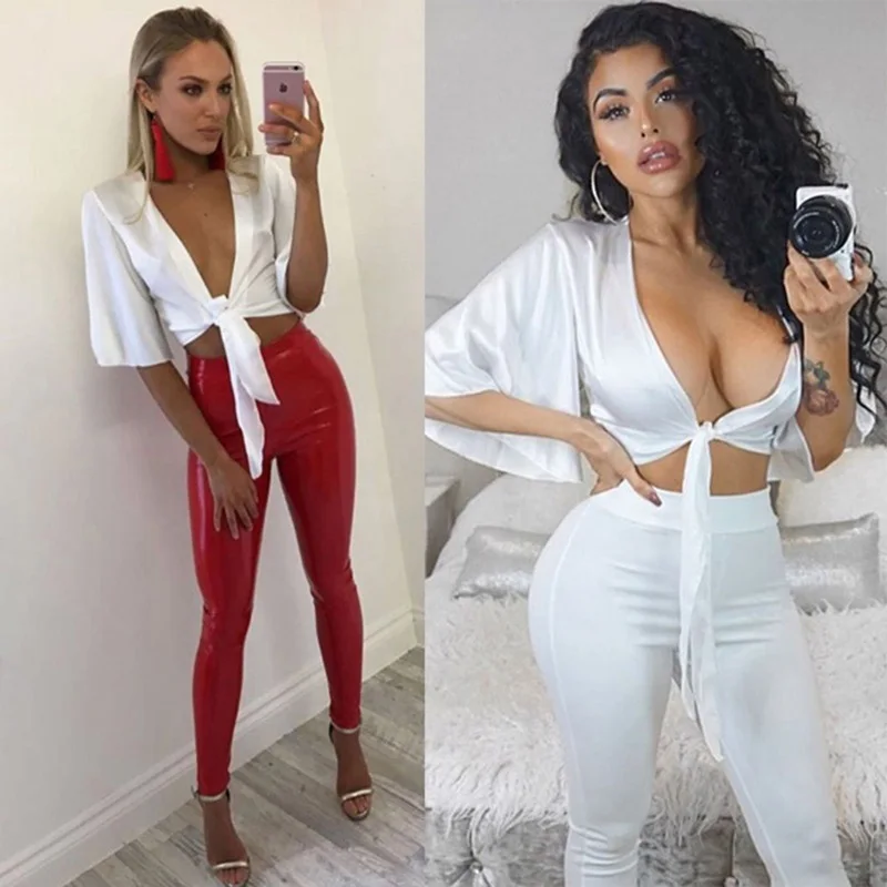 Модный летний осенний укороченный топ Одноцветный сексуальный глубокий v