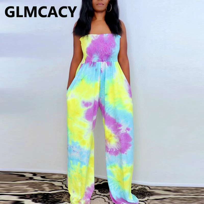 

Women Strapless Wide Leg Tie Dye Printed Gradient Color Bodycon Jumpsuit Sleeveless Chic Plus Size Ovealls