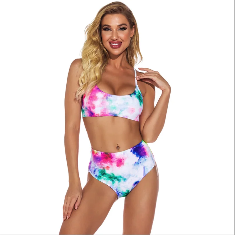 

Tie Dye Print Sport Bandeau Sexy Push up Bikinis Women Swimsuit High Waist Swimwear Women Bathing Suit Beach Wear