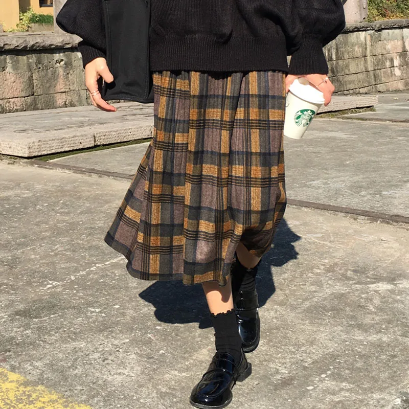 

Женская шерстяная юбка, винтажная клетчатая юбка миди в стиле панк-рок, Корейская уличная одежда с эластичным поясом, гофрированные длинные...