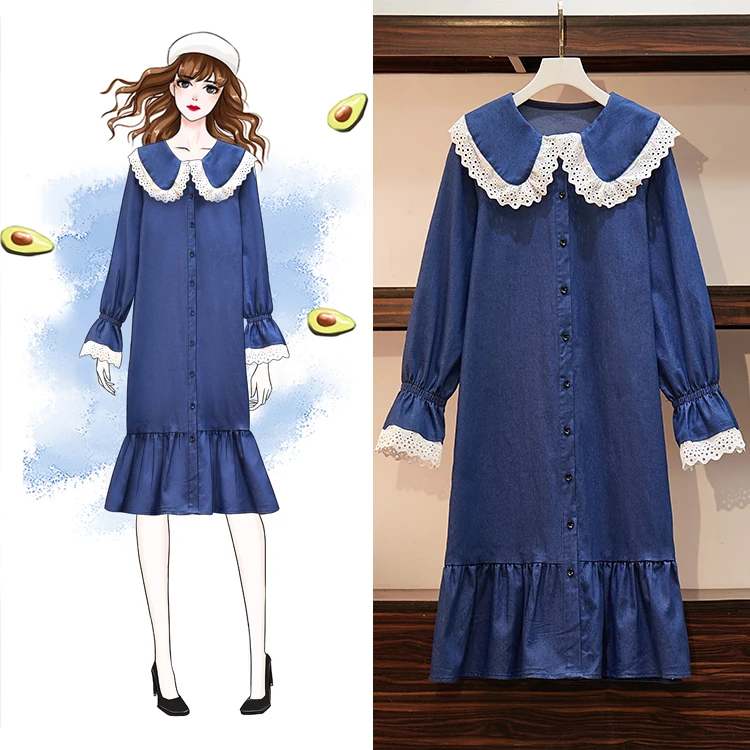 Осеннее длинное свободное платье большого размера с кукольным воротником в