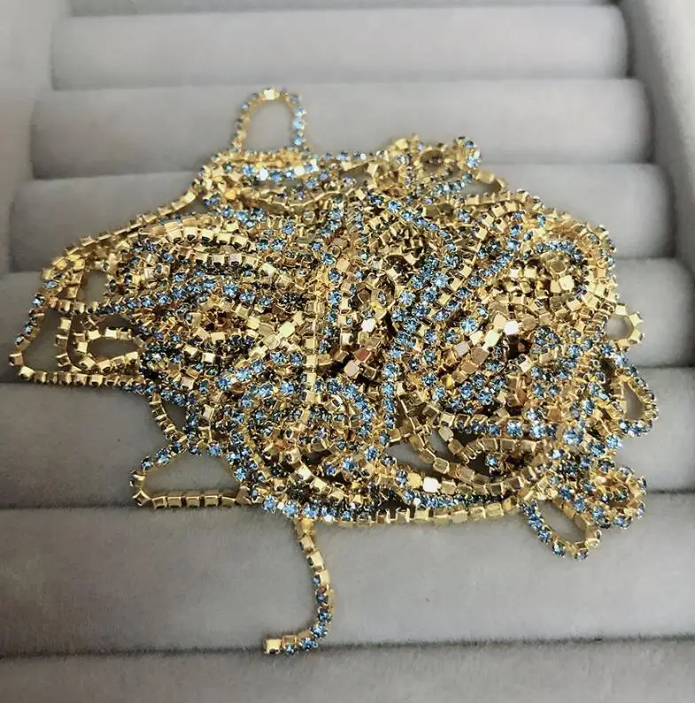 ss4 26 lt blue gold Ss4 1,4 мм стразы на цепочке, Необычные кисточки с драгоценными камнями, отделка кристаллами струйный Розовый Синий Блестящий DIY Ювелирная цепочка для дизайна ногтей - Цвет: ss4 26 lt blue gold