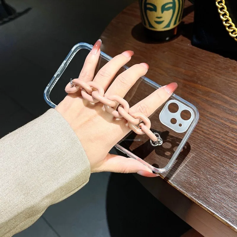 

Luxury transparent pink bracelet with edging anti-fall shell Case For iphone 12 mini X Xr XS 11 pro Max 7 8 plus Back cover