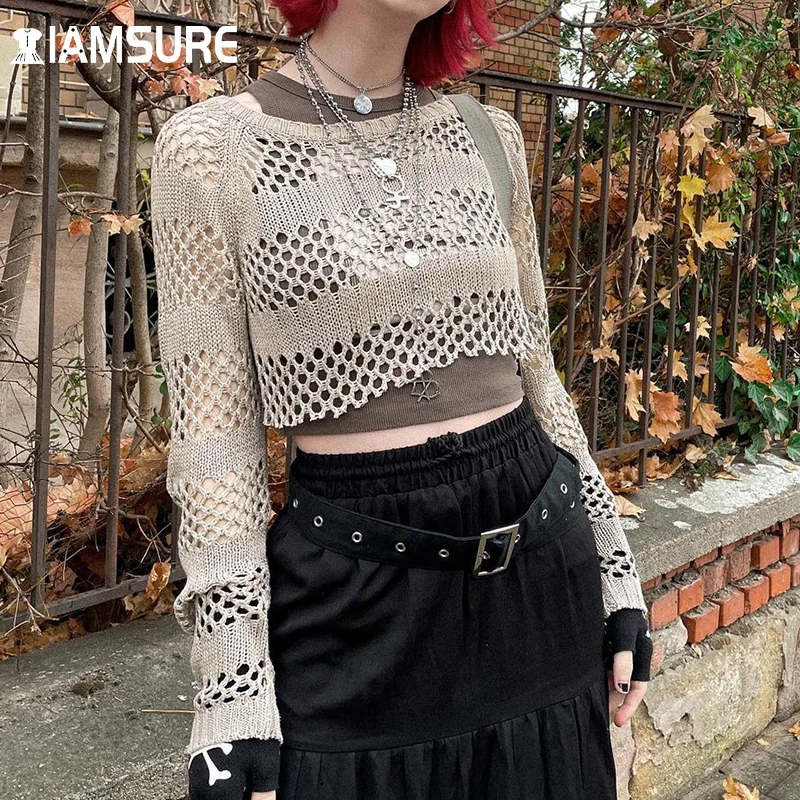 

IAMSURE Casual Loose Hollow Out Knitted Cropped T Shirt Women 2021 Autumn Spring O-Neck Long Sleeve Tees Basic See Through Smock