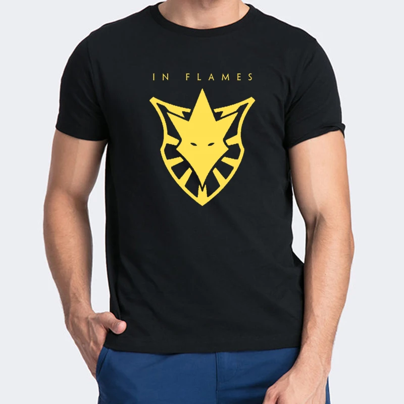 

In Flames - Evil Jester Men T Shirt Gold Print In Flames Graphic Tee Tops Summer 100%Cotton Casual Punk Clothes Haikyuu Shirt