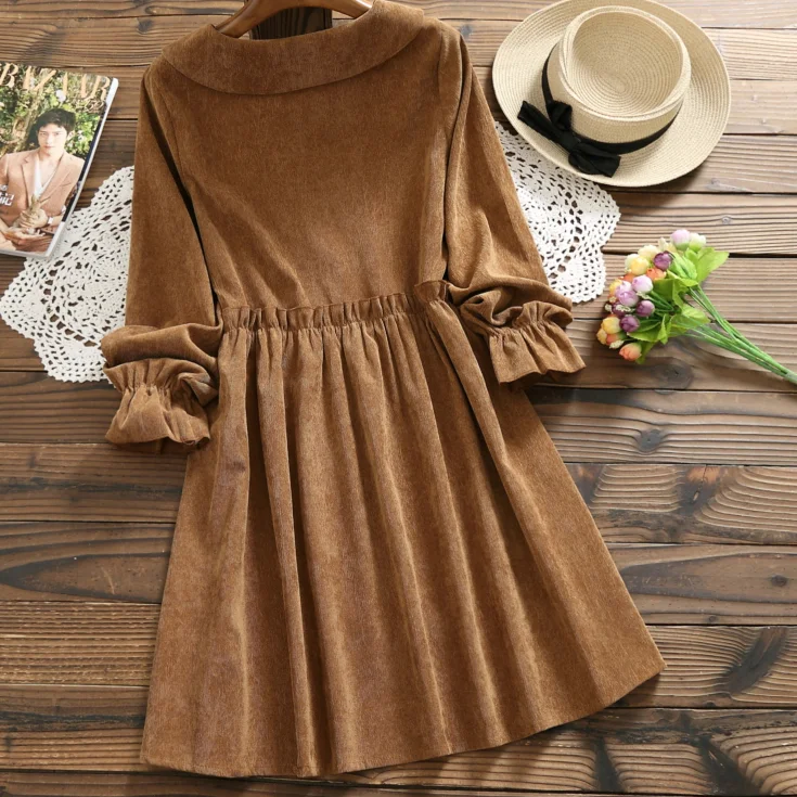 Весеннее кофейное розовое вельветовое платье новое осенне-зимнее женское с