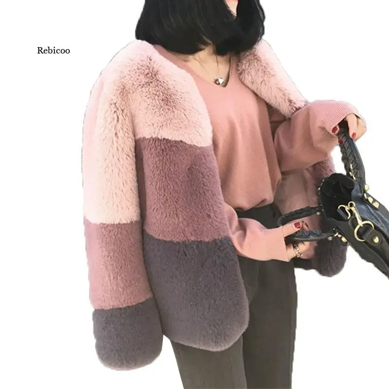 

New Temperamental Vintage Fur Coat Winter Soft Imitation Rabbit Short Colored Fur Outwear Mujer Female Jacket Coat