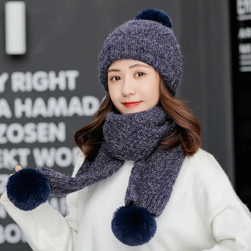 

2019 New Winter Knitted Hat Scarf Set Women Thick Beanies Long Scarf Female Knitted Winter Plush Hats Set Accessories Girls Gift