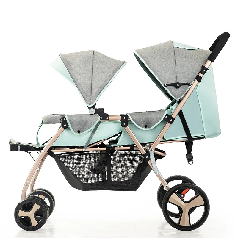 High Landscape Twin Stroller with Oversized Storage Basket, Adjustable Front and Rear Four-wheel Shock-absorbing Stroller