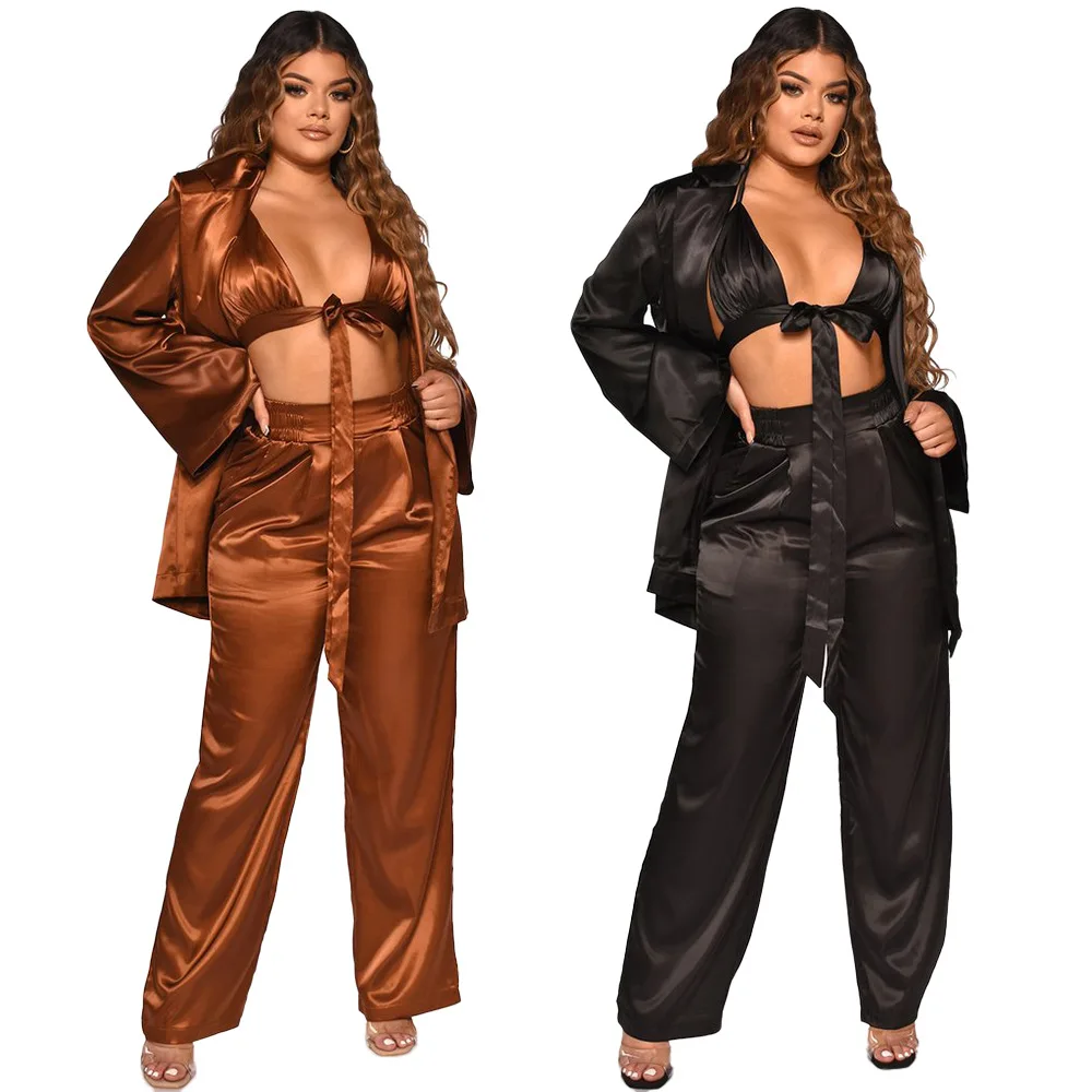 

Chiclover Women Two Piece Set Fall Clothes Loose Coat and Wide Leg Pants Matching Suit with Lace Up Corset Sexy Outfit Wholesale