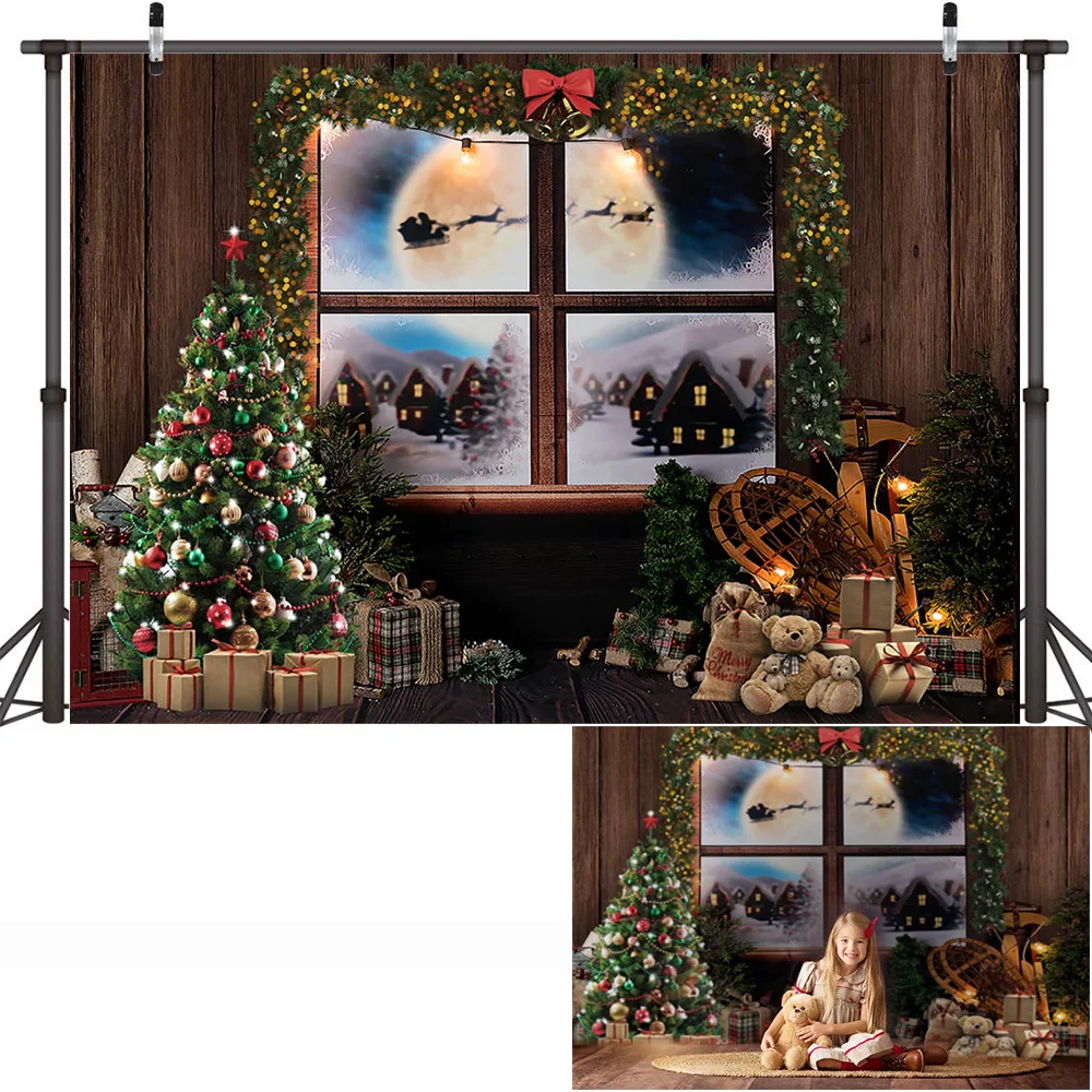 

Winter Christmas Portrait Photography Backdrop Window Fireplace Snow Birthday Background Christmas Trees Family Party Decoration
