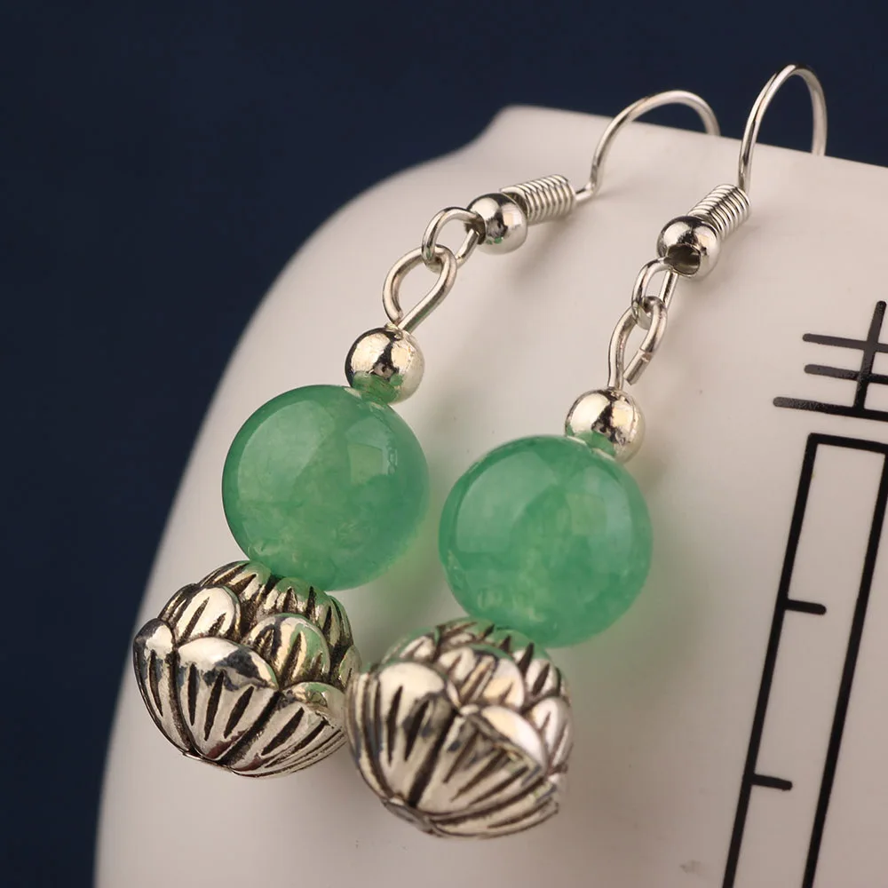 Винтажные серьги-подвески из зеленого халцедона с натуральным камнем для женщин
