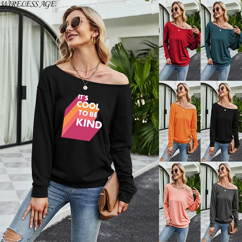 

WIRELESS AGE Sweater Women Long Sleeve Slash Neck Color Letter Printed Loose Casual Pullover Tops Spring Autumn Fashion Wild