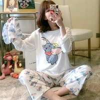 autumn winter disney dumbo cute kawaii pjamas for women home suits white long sleeve tshirt and print trousers pajamas for sleep