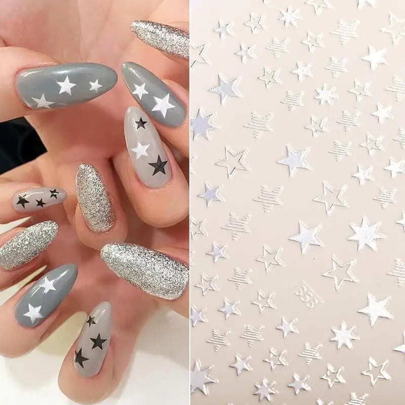

1PC Star Geometry 3D Nail Slider Silver/Black/Gold Stars Glitter Shiny Decoration Decal DIY Transfer Adhesive Sliders Manicures