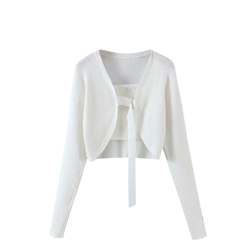

2021 women fashion Knit cardigan Coat Tube top 2 Piece Set Breast wrap Wear Mujer long sleeve Knitwear short Outerwear tops Suit