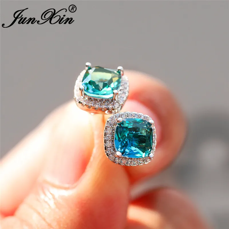 Geometric Square Stud Earrings White Gold Rose Colorful Rainbow Fire Crystal Blue Green Zircon Wedding For Women | Украшения и