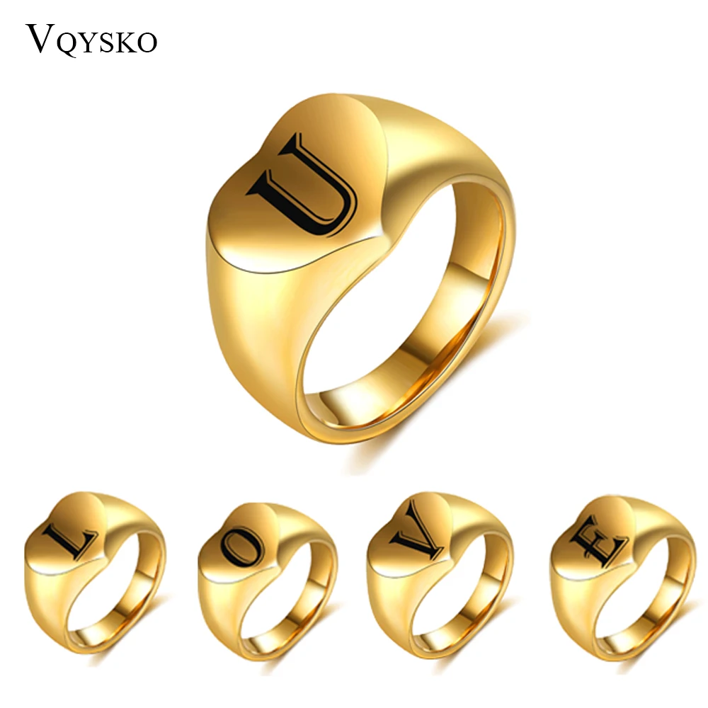

Big Gold Initial Name Alphabet Finger Rings Heart Stainless Steel Unisex Personalized Jewelry Accessories Ring For Women Men
