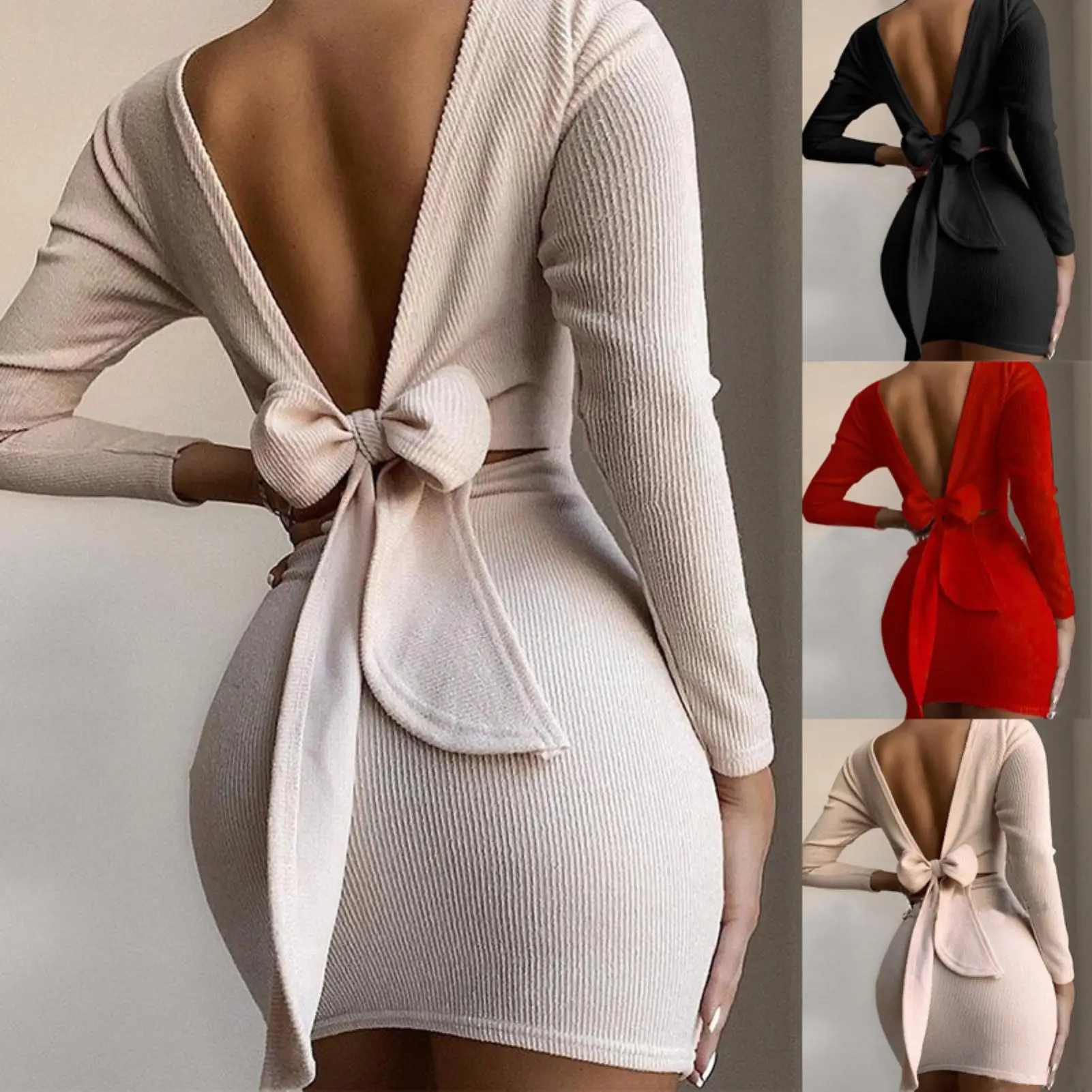 Sexy Women Solid Color Long Sleeve Backless Bowknot Knitted Mini Bodycon Dress