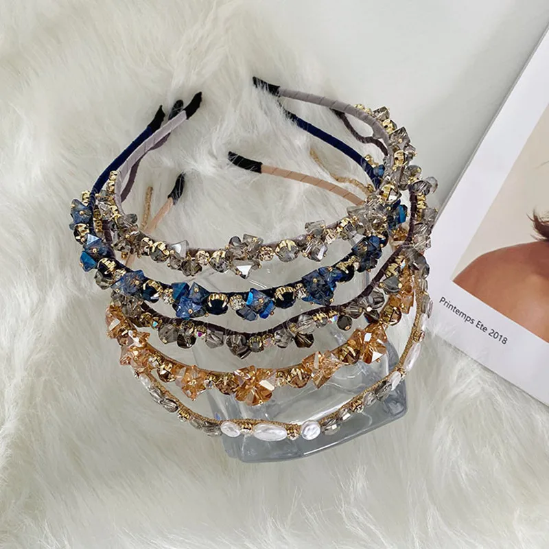 

Baroque Wave Winding Crystal Thin Headbands Fashion Hair Accessories Women Full Diamond Pearl Hairband Cute Hair Hoop Headwear