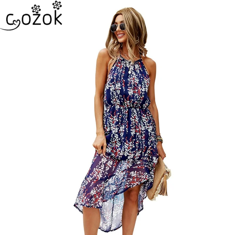 

Fashion Dress Women Summer Casual Printing O-Neck Spaghetti Strap Knee-Length Irregular Red Long Maxi Dresses vestido elegante